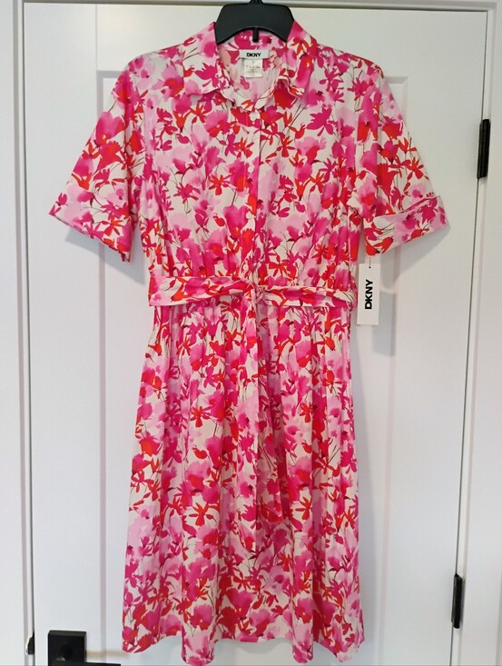 Dkny Dresses & Skirts - NWT 4 DKNY Pink And Red Floral Short Sleeve Midi Full Skirt Shirt Dress NEW